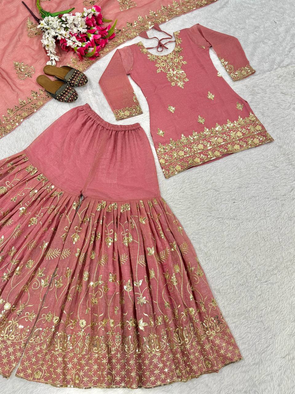 Fancy Pink Color Sequnce Embroidered Sharara Suit With Dupatta