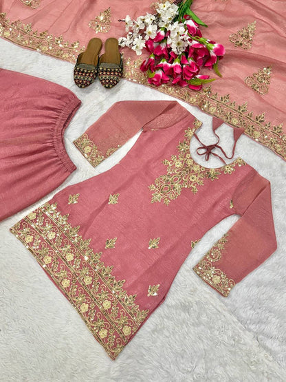 Fancy Pink Color Sequnce Embroidered Sharara Suit With Dupatta
