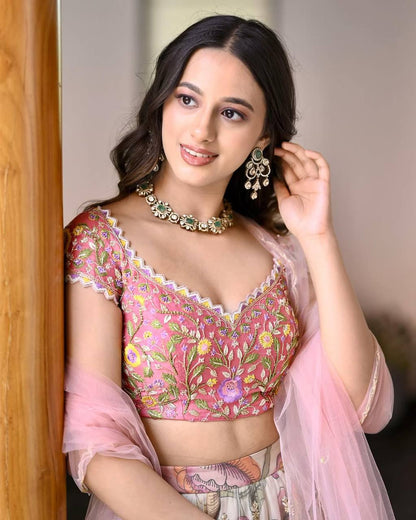 Engagement Wear Off White Color Chinon Silk Printed Soft Net with Embroidery Sequins Work Lehenga Choli