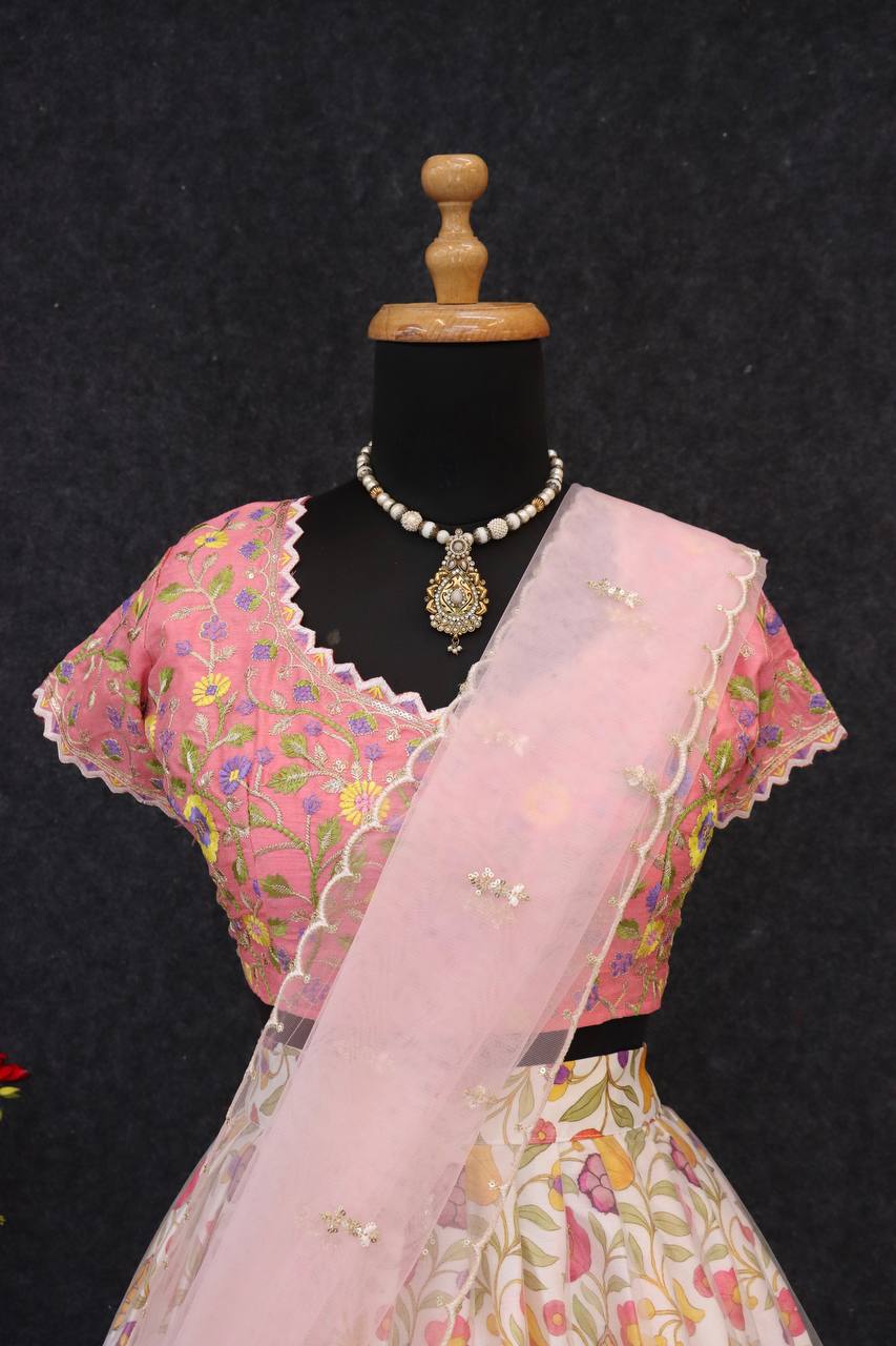 Engagement Wear Off White Color Chinon Silk Printed Soft Net with Embroidery Sequins Work Lehenga Choli