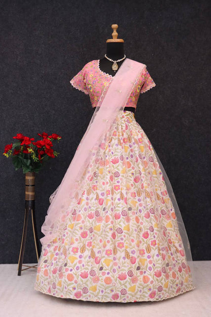 Engagement Wear Off White Color Chinon Silk Printed Soft Net with Embroidery Sequins Work Lehenga Choli