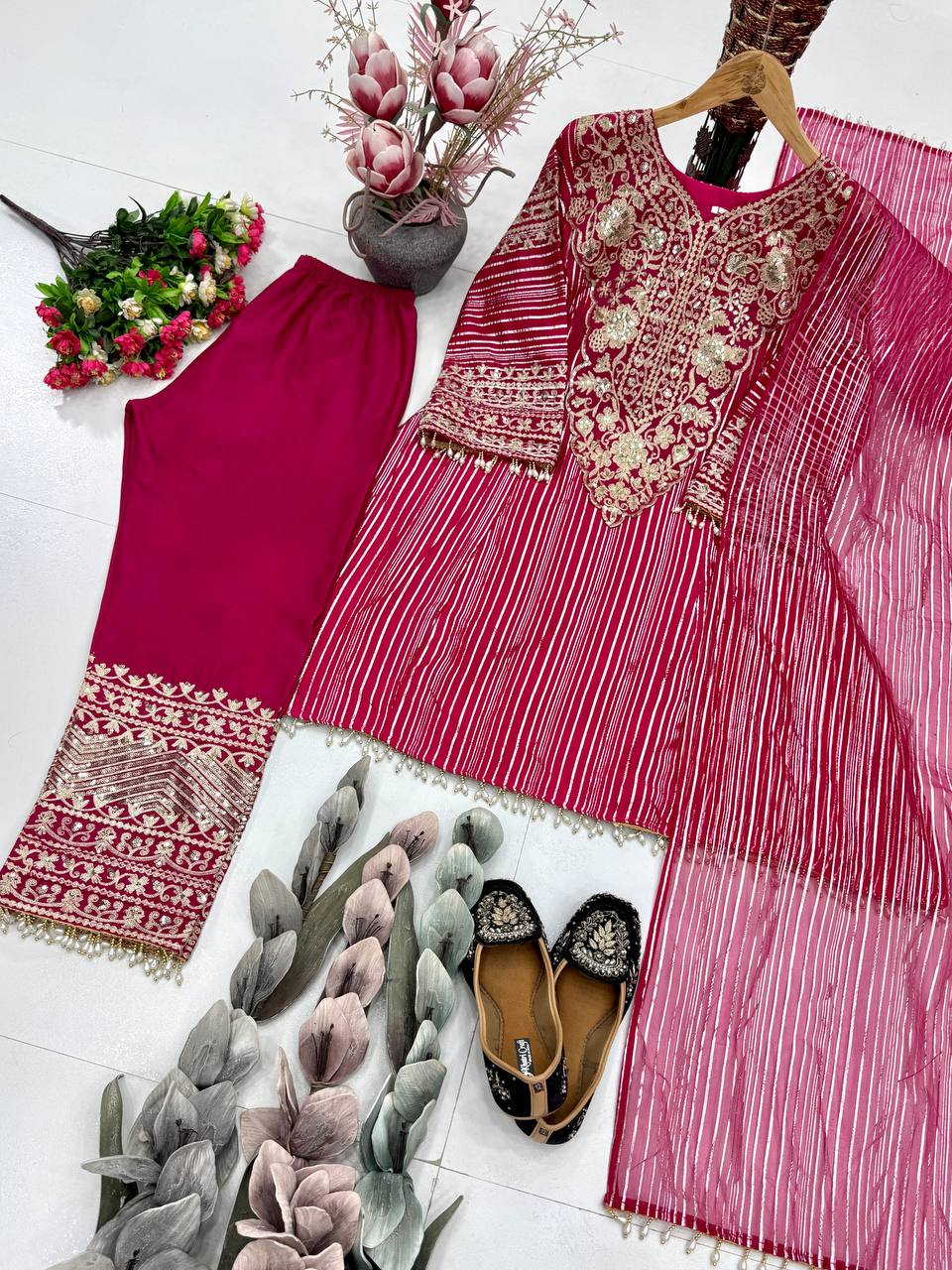Peaceful Pink Color Sequence Embroidered Palazzo With Dupatta Suit
