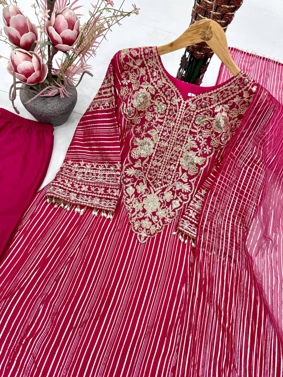 Peaceful Pink Color Sequence Embroidered Palazzo With Dupatta Suit