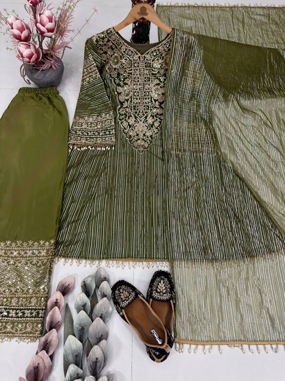 Charming Green Color Sequence Embroidered Palazzo With Dupatta Suit