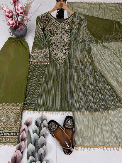 Charming Green Color Sequence Embroidered Palazzo With Dupatta Suit