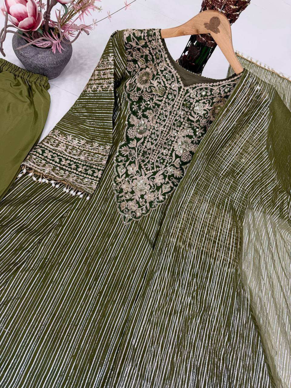 Charming Green Color Sequence Embroidered Palazzo With Dupatta Suit