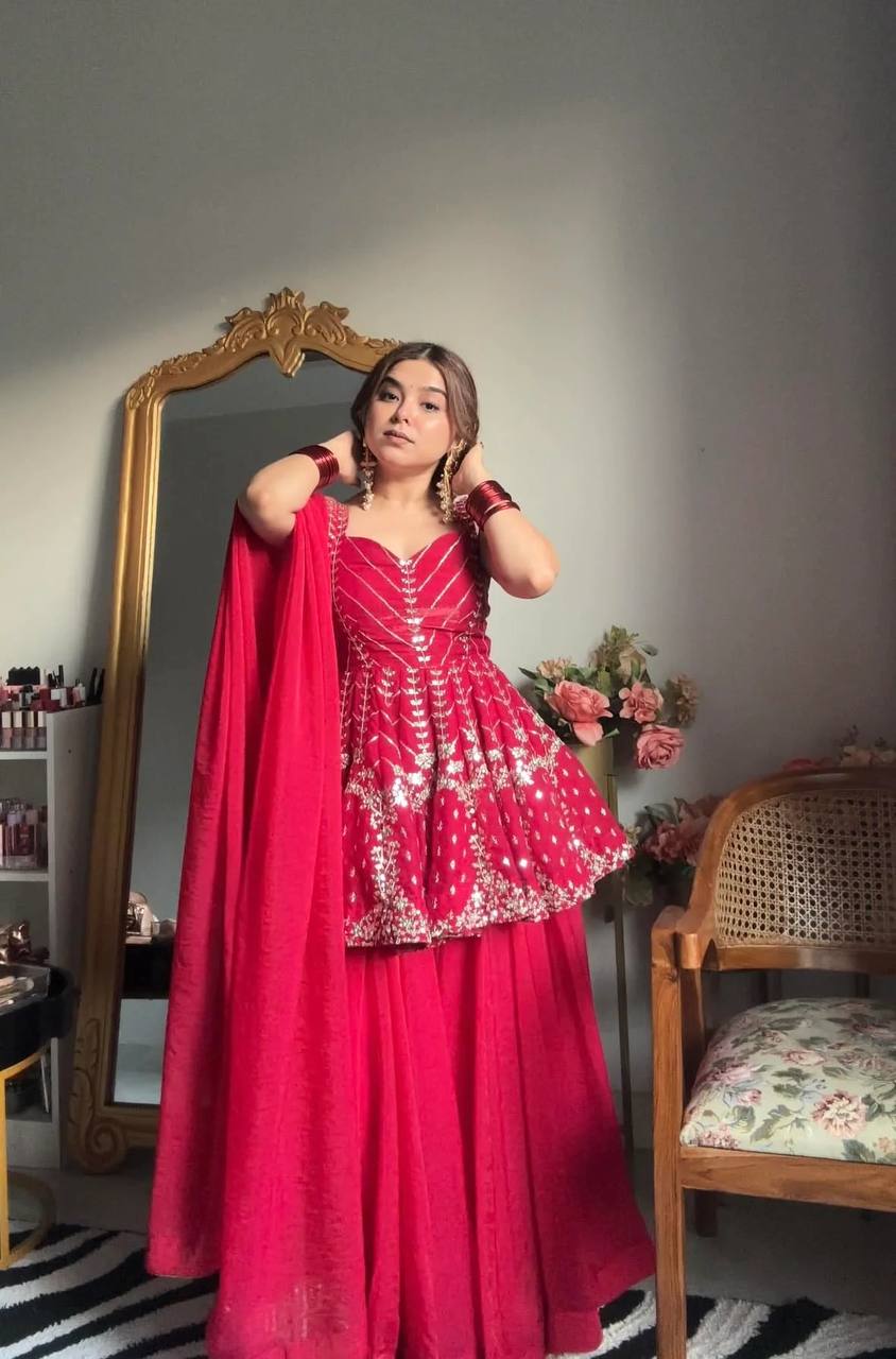 Wedding Wear Sequins And Zari Work Blooming Sharara Palazzo Suit Set