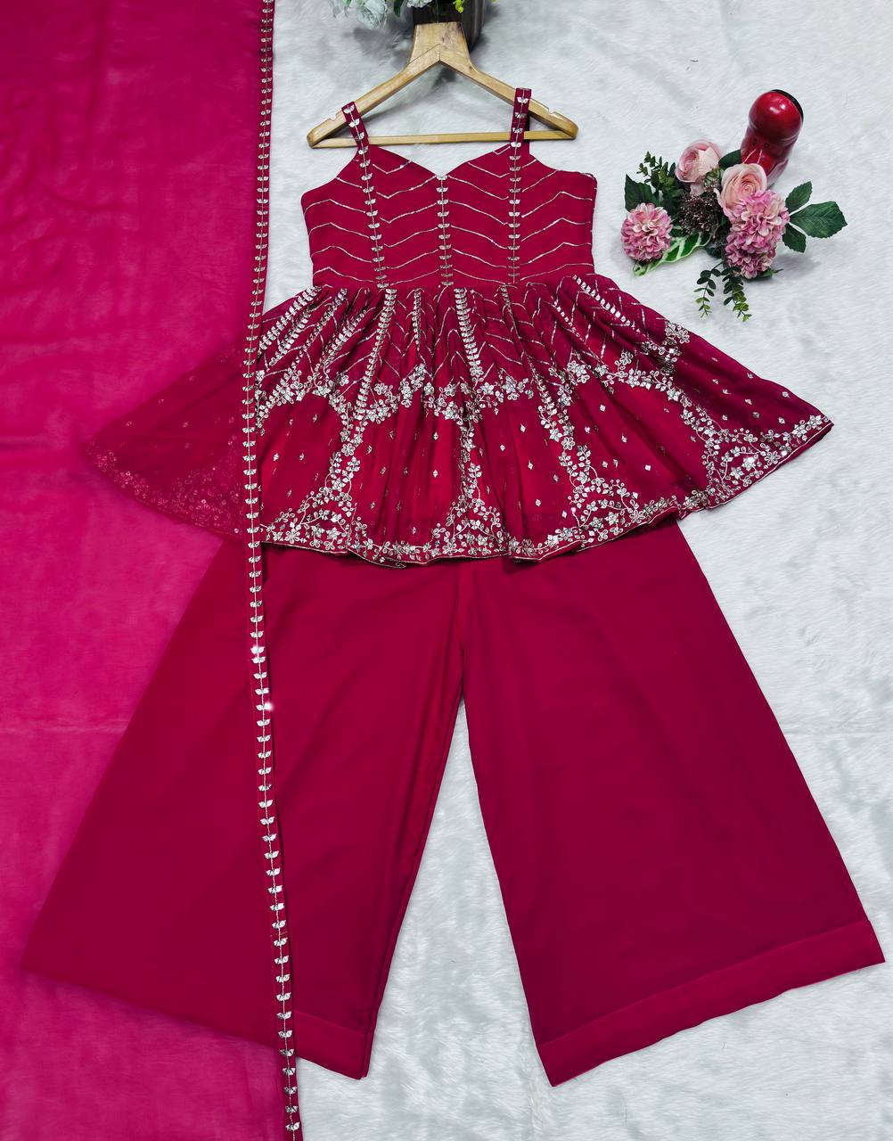 Wedding Wear Sequins And Zari Work Blooming Sharara Palazzo Suit Set