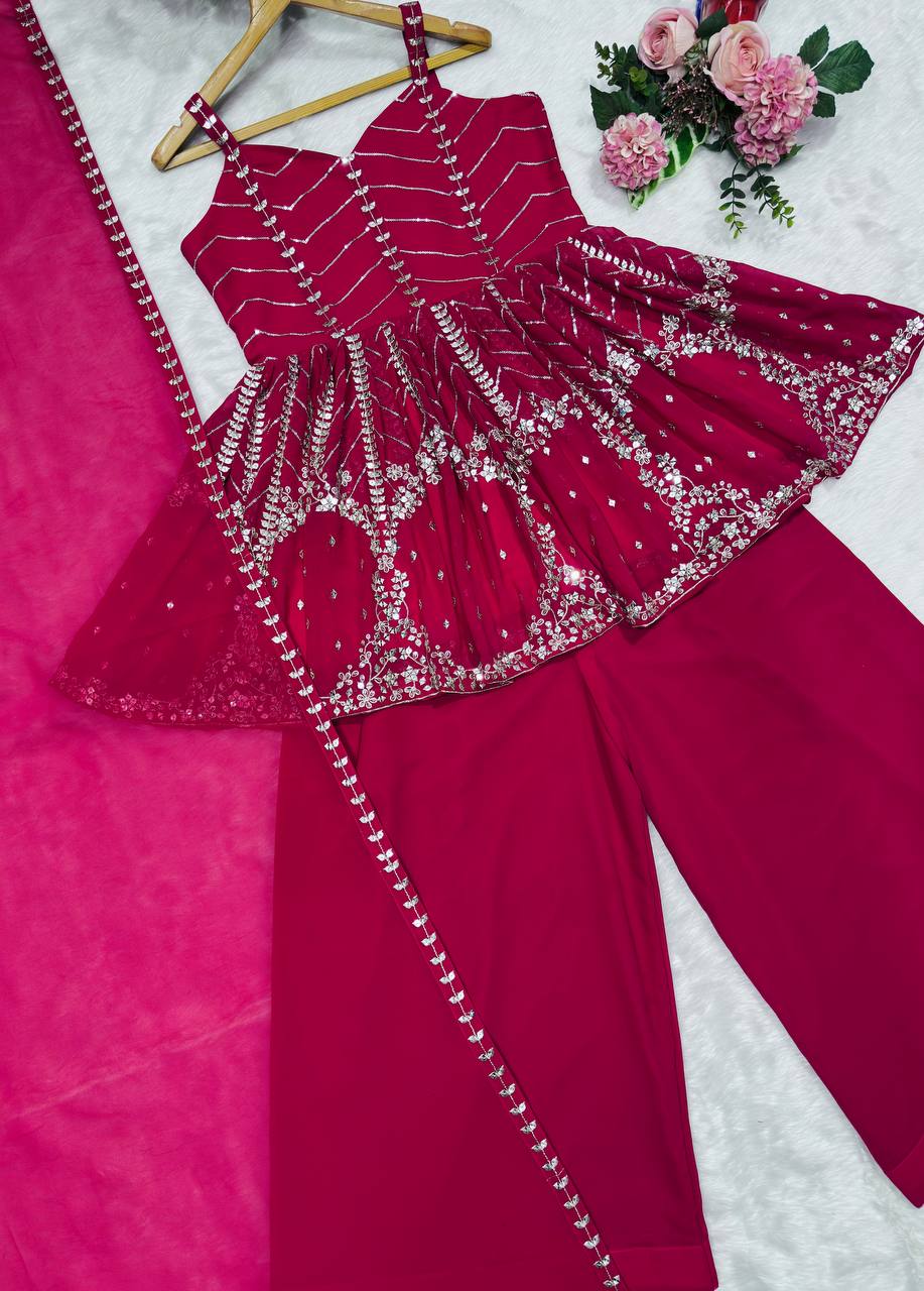 Wedding Wear Sequins And Zari Work Blooming Sharara Palazzo Suit Set