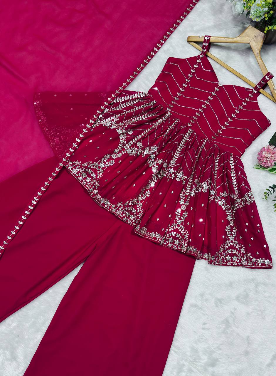 Wedding Wear Sequins And Zari Work Blooming Sharara Palazzo Suit Set