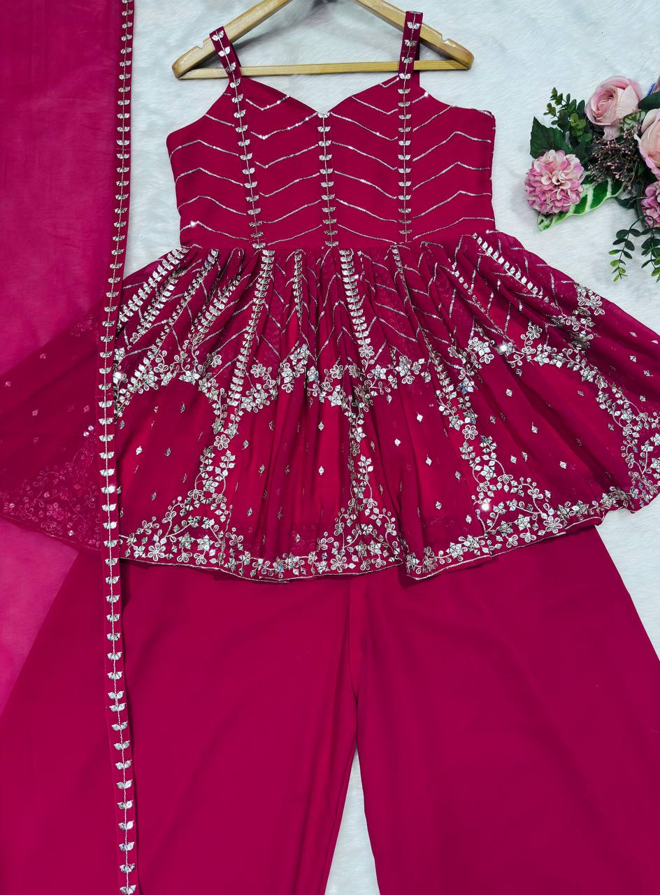 Wedding Wear Sequins And Zari Work Blooming Sharara Palazzo Suit Set