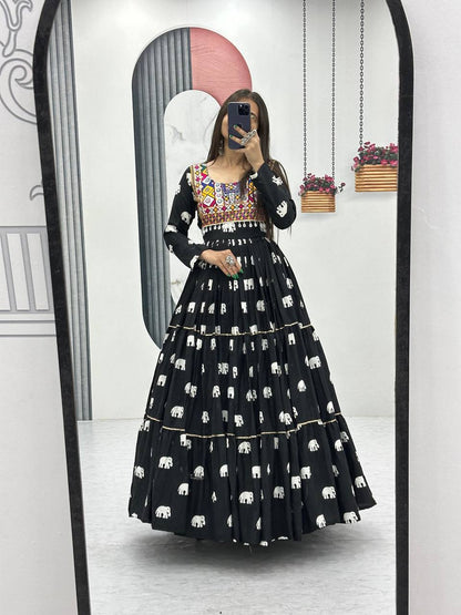 Navratri Wear Black Color Pure Cotton And Embroidery Gamathi Work Designer Gown