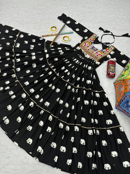 Navratri Wear Black Color Pure Cotton And Embroidery Gamathi Work Designer Gown