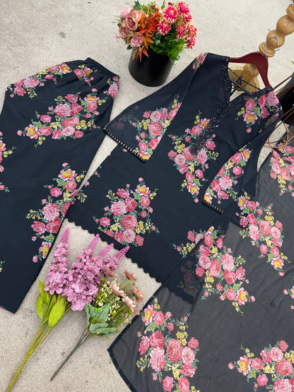 Casual Wear Black Color Pure Faux Georgette With Digital Print Palazzo Suit