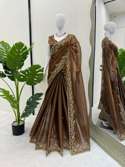 Ceremony Wear Golden Color Barbari Silk Thread With Sequence Work Saree