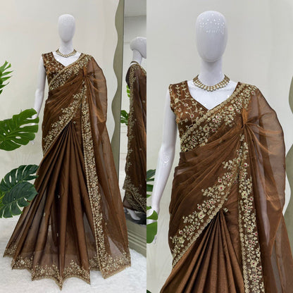 Ceremony Wear Golden Color Barbari Silk Thread With Sequence Work Saree