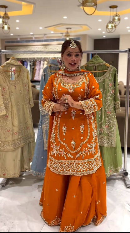 Festive Wear Orange Color Natural Crep Material With Sequence Embroidery Work Sharara Suit