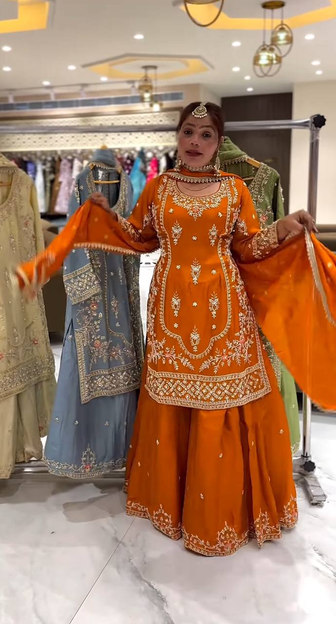 Festive Wear Orange Color Natural Crep Material With Sequence Embroidery Work Sharara Suit