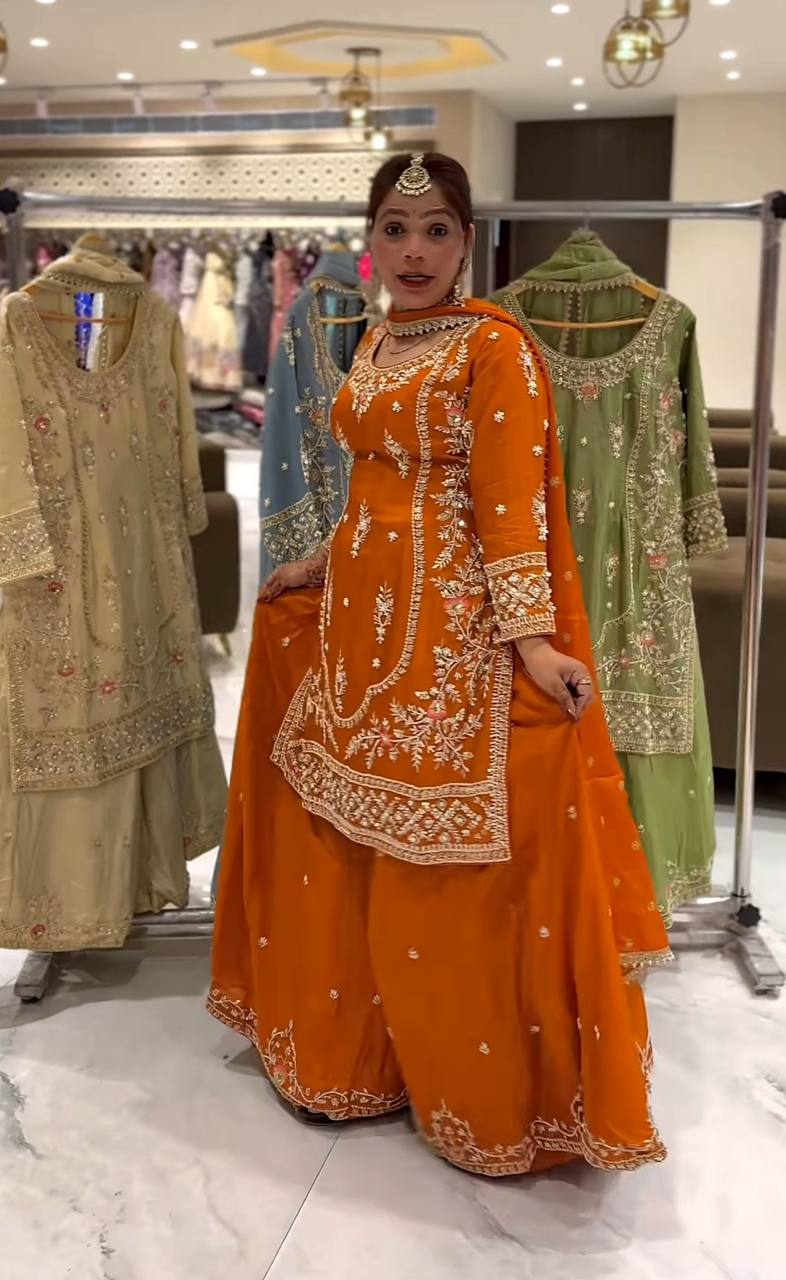 Festive Wear Orange Color Natural Crep Material With Sequence Embroidery Work Sharara Suit