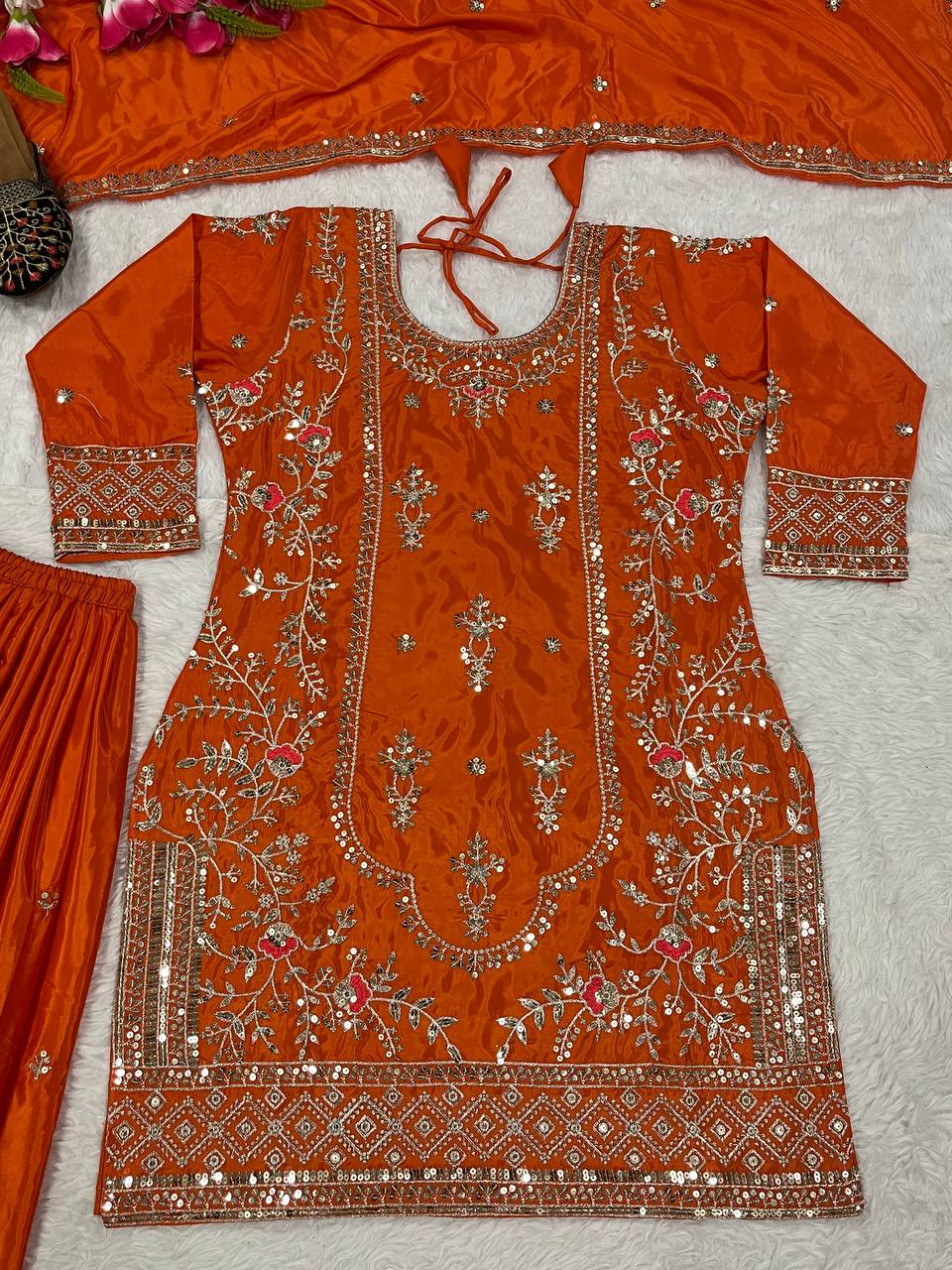 Festive Wear Orange Color Natural Crep Material With Sequence Embroidery Work Sharara Suit
