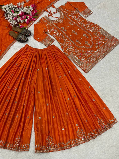 Festive Wear Orange Color Natural Crep Material With Sequence Embroidery Work Sharara Suit