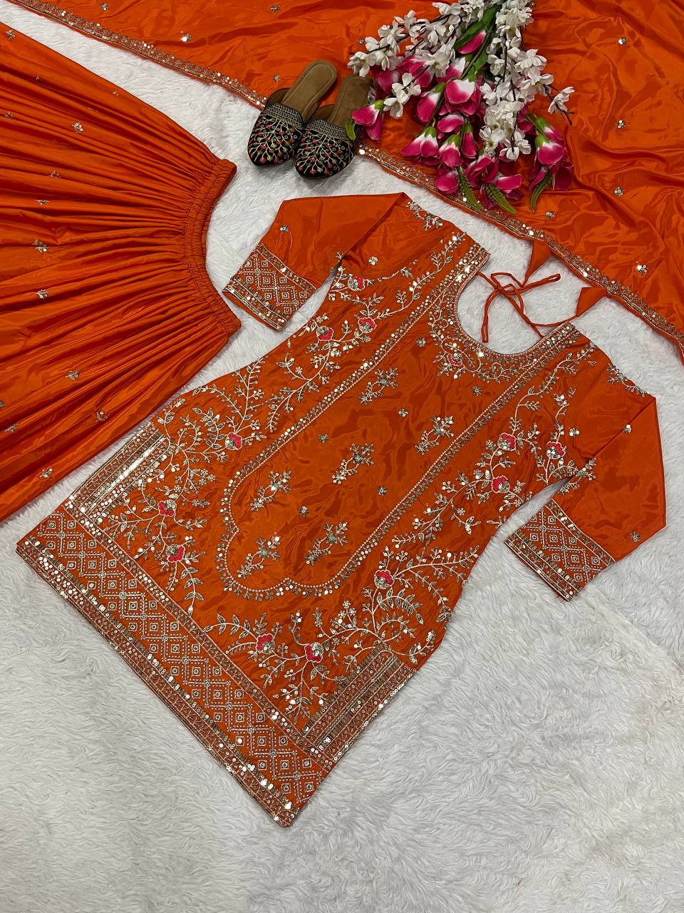 Festive Wear Orange Color Natural Crep Material With Sequence Embroidery Work Sharara Suit