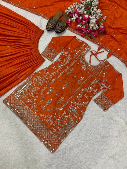 Festive Wear Orange Color Natural Crep Material With Sequence Embroidery Work Sharara Suit