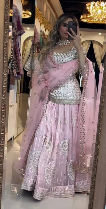 Heavy Embroidered Pink Color Faux Georgette Lehenga with Top And Dupatta