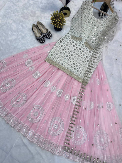 Heavy Embroidered Pink Color Faux Georgette Lehenga with Top And Dupatta