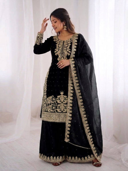 Embellished Black Color Sequence Embroidered Palazzo Suit With Dupatta