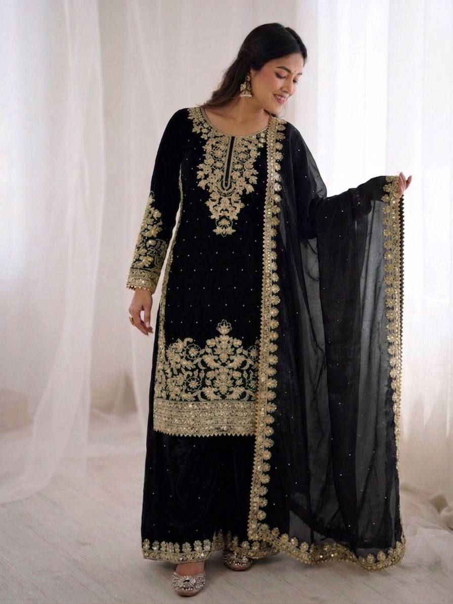 Embellished Black Color Sequence Embroidered Palazzo Suit With Dupatta