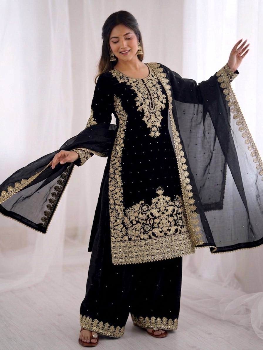 Embellished Black Color Sequence Embroidered Palazzo Suit With Dupatta