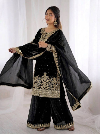 Embellished Black Color Sequence Embroidered Palazzo Suit With Dupatta