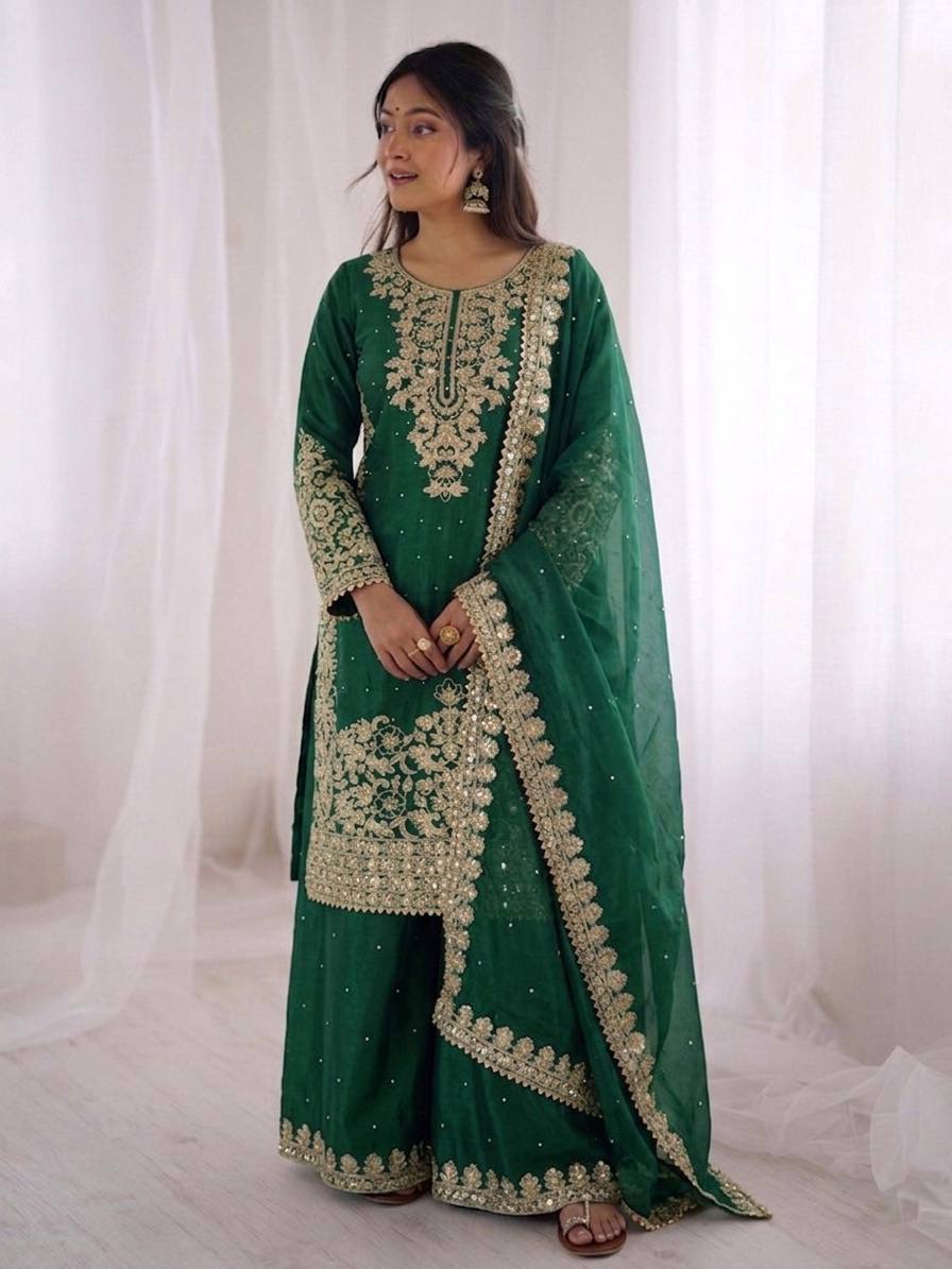Fabulous Green Color Sequence Embroidred Palazzo Suit With Dupatta