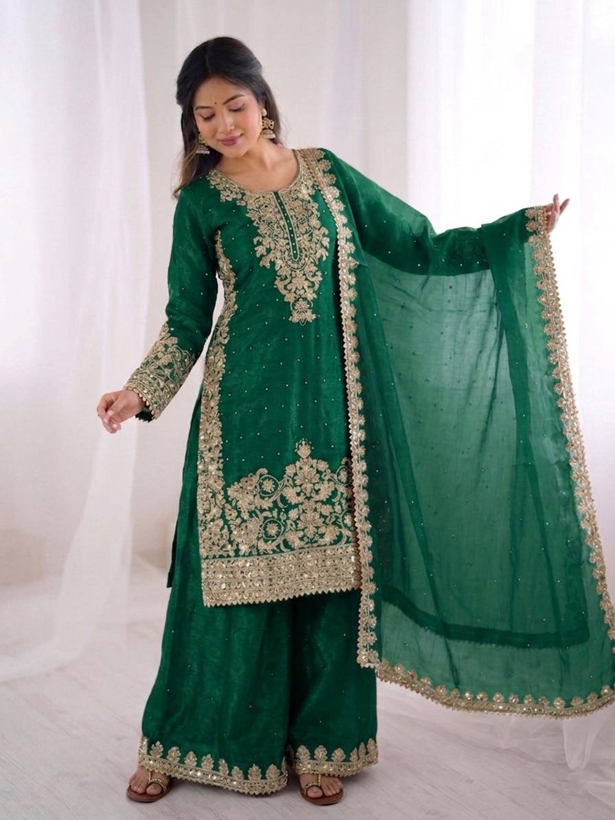 Fabulous Green Color Sequence Embroidred Palazzo Suit With Dupatta