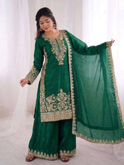 Fabulous Green Color Sequence Embroidred Palazzo Suit With Dupatta