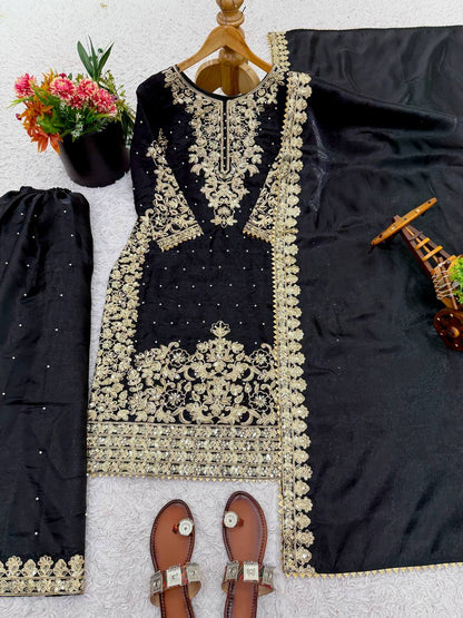 Embellished Black Color Sequence Embroidered Palazzo Suit With Dupatta