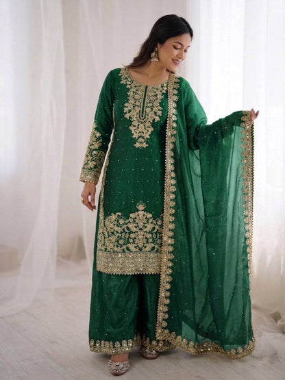 Fabulous Green Color Sequence Embroidred Palazzo Suit With Dupatta