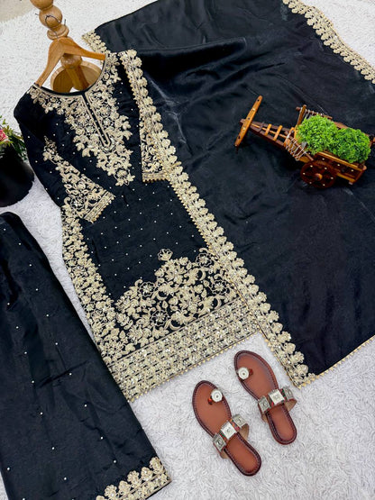 Embellished Black Color Sequence Embroidered Palazzo Suit With Dupatta