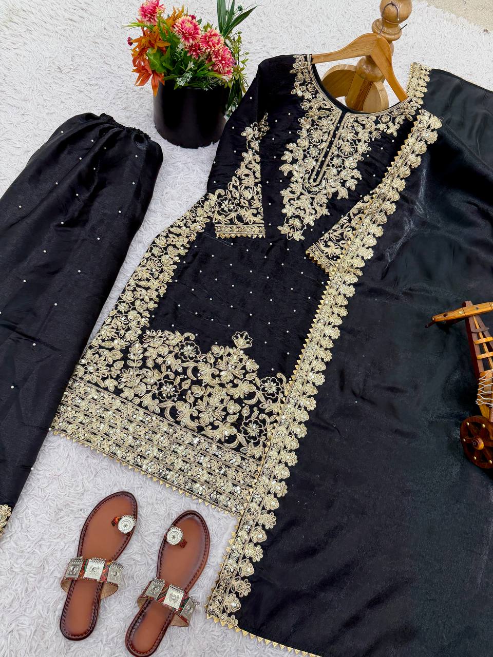 Embellished Black Color Sequence Embroidered Palazzo Suit With Dupatta