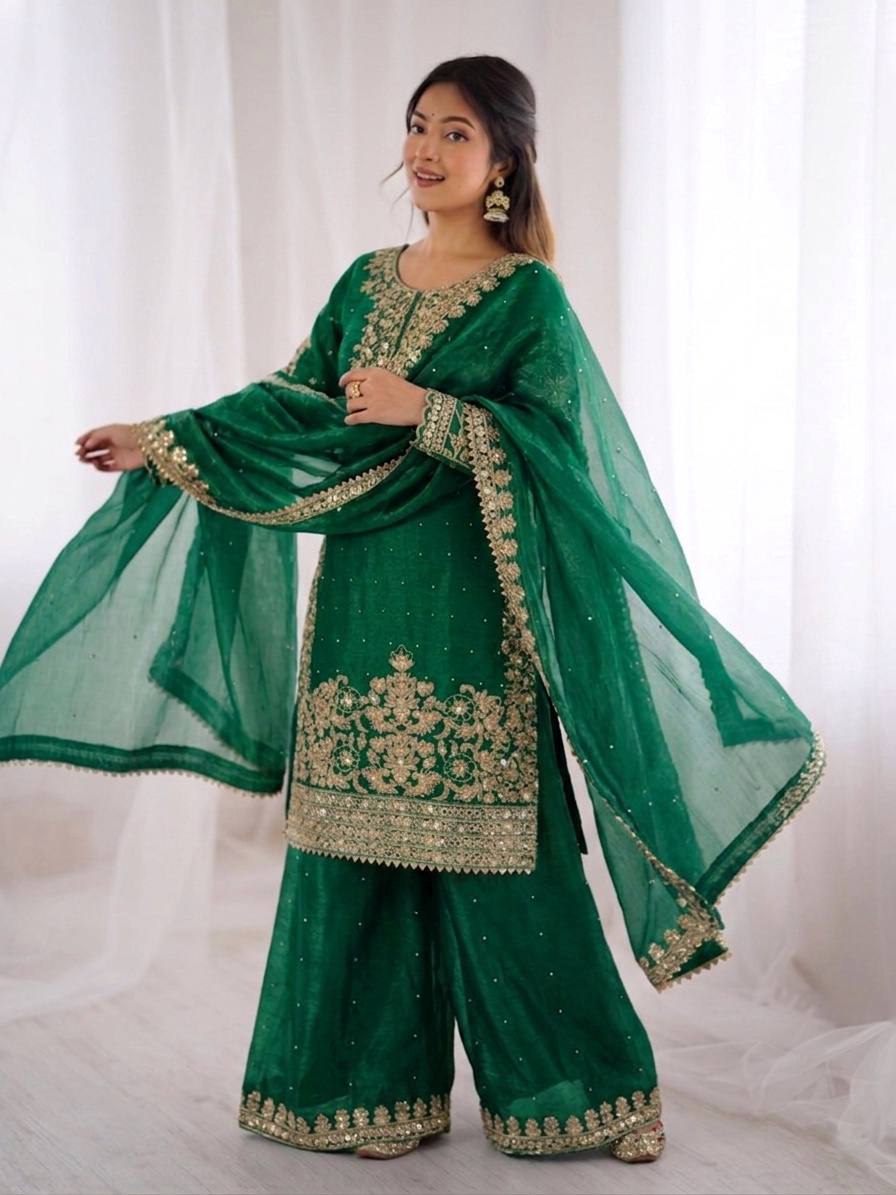 Fabulous Green Color Sequence Embroidred Palazzo Suit With Dupatta