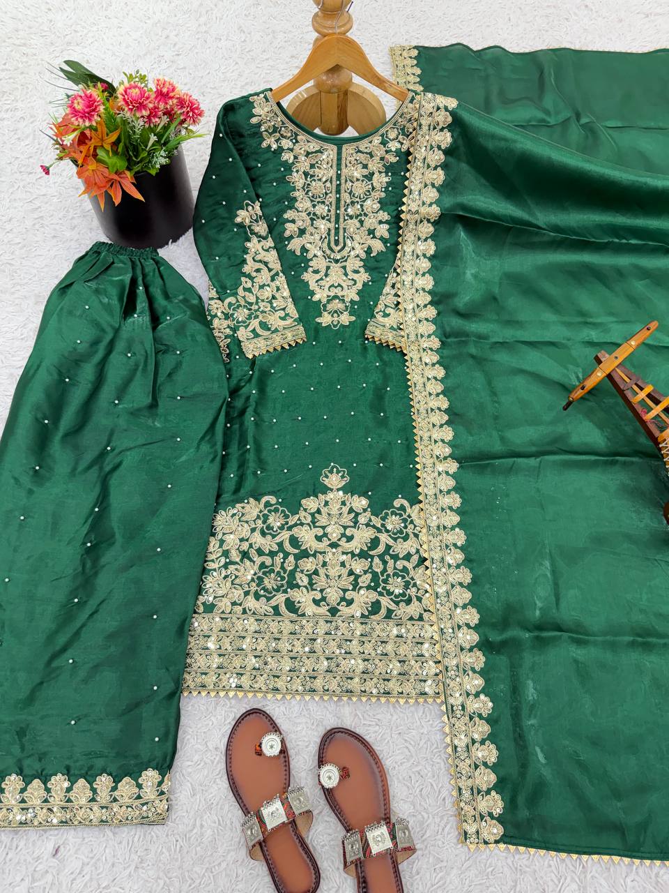 Fabulous Green Color Sequence Embroidred Palazzo Suit With Dupatta