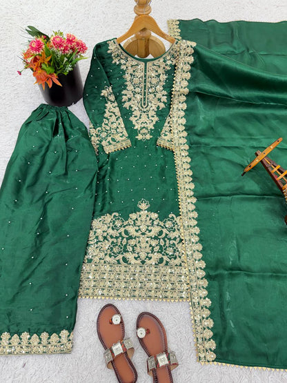 Fabulous Green Color Sequence Embroidred Palazzo Suit With Dupatta