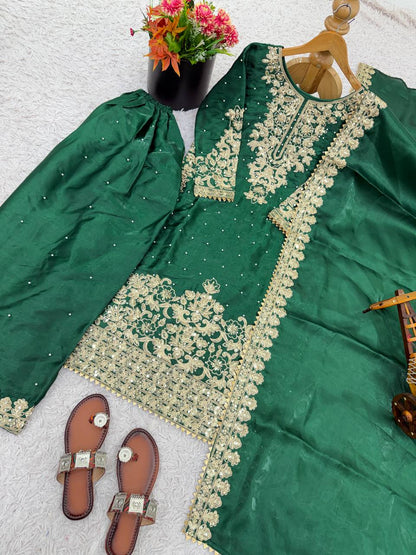 Fabulous Green Color Sequence Embroidred Palazzo Suit With Dupatta