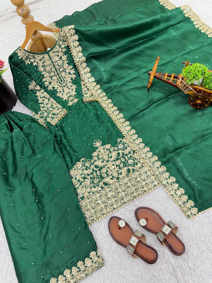 Fabulous Green Color Sequence Embroidred Palazzo Suit With Dupatta