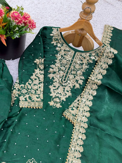 Fabulous Green Color Sequence Embroidred Palazzo Suit With Dupatta