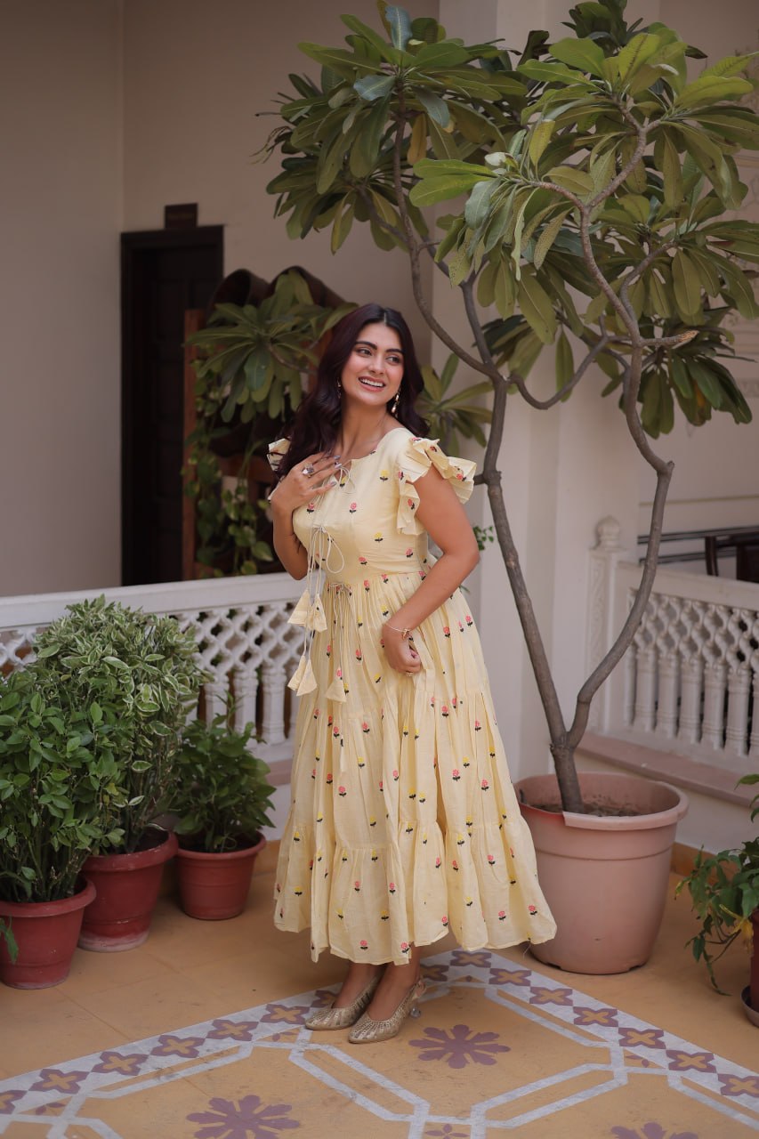 Fashionable Yellow color Embroidered Designer Gown
