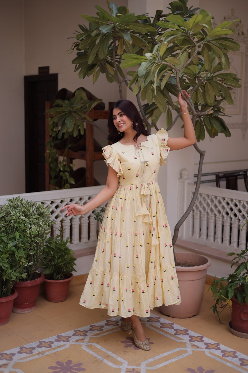 Fashionable Yellow color Embroidered Designer Gown