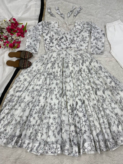 Precious White Color Sequence Embroidery Anarkali Suit With Dupatta