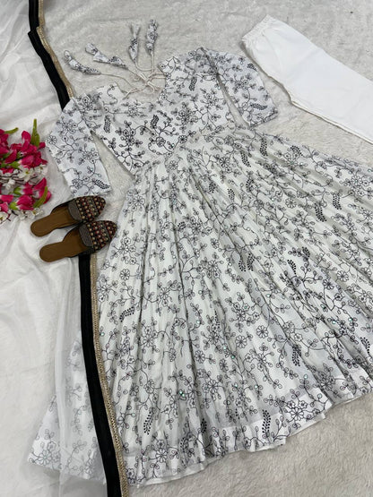 Precious White Color Sequence Embroidery Anarkali Suit With Dupatta